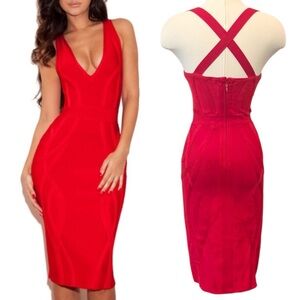 House of CB London Red Stretch Cici Bandage Bodycon Cocktail Party Midi Dress S